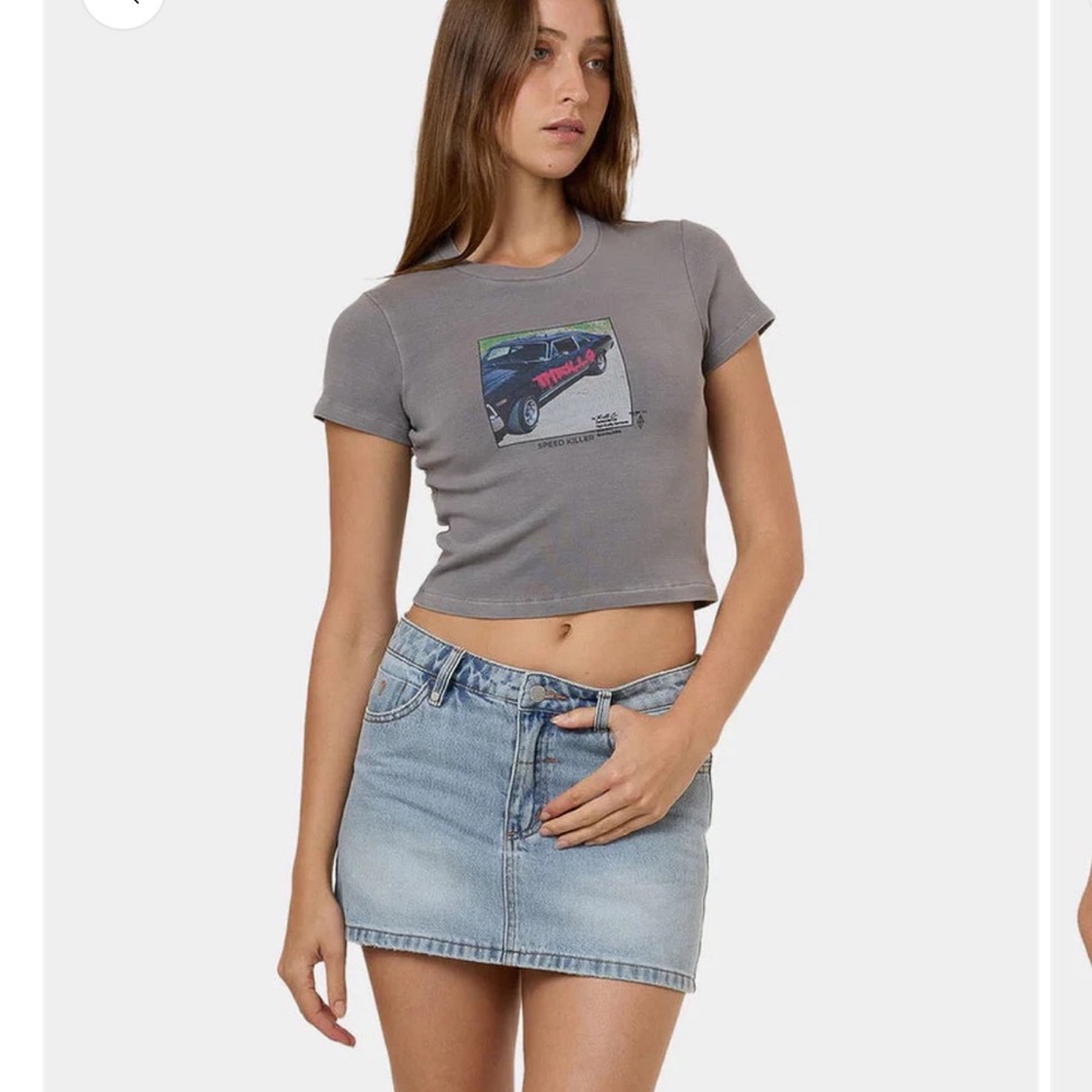 NWT Thrills Die Fighting Mini Tee Washed Grey Graphic Crop Top Size L